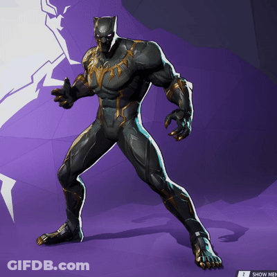 A Black Panther Standing On A Purple Background With A Show Menu Button Below Him GIF