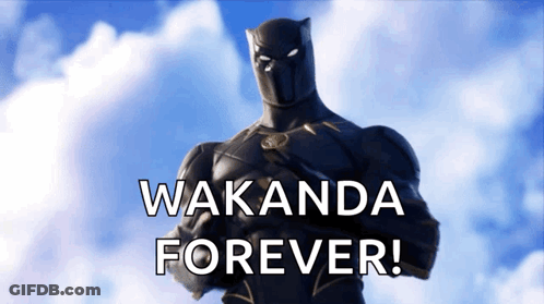 A Black Panther Stands In Front Of A Cloudy Sky With The Words Wakanda Forever GIF