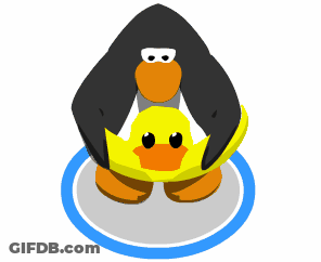 A Black Penguin Is Holding A Yellow Duck On Its Back GIF