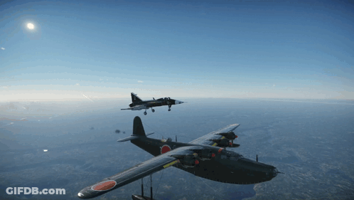 A Black Plane With A Red Circle On The Tail Is Flying Next To A Smaller Plane GIF