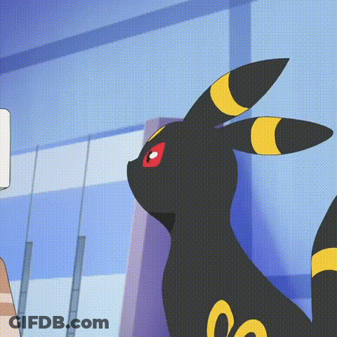 A Black Pokemon With Yellow Ears And A Red Eye Is Standing Next To A Window . GIF