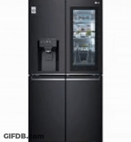 A Black Refrigerator With A Glass Door And Water Dispenser . GIF