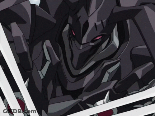 A Black Robot With Red Eyes Is Holding A Pair Of Sharp Knives GIF