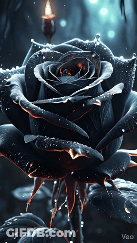 A Black Rose With A Candle Behind It And The Word Veo On The Bottom GIF