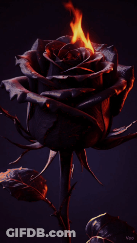 A Black Rose With Flames Coming Out Of The Center GIF