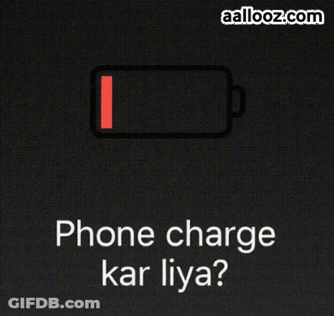 A Black Screen With A Red Battery And The Words " Phone Charge Kar Liya " GIF