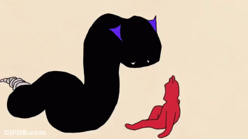 A Black Snake And A Red Cat Are Sitting Next To Each Other On A Beige Background . GIF