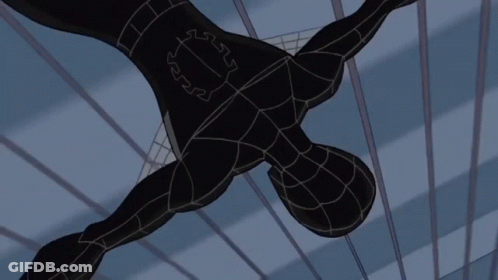 A Black Spiderman Is Flying Through The Air With A Spider On His Chest GIF