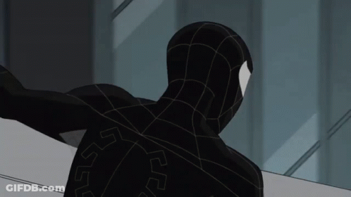 A Black Spiderman With A Greek Key Pattern On The Back Of His Suit GIF