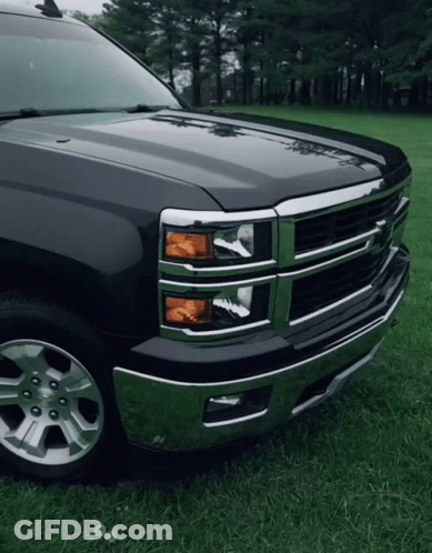 A Black Truck Is Parked On A Grassy Field GIF