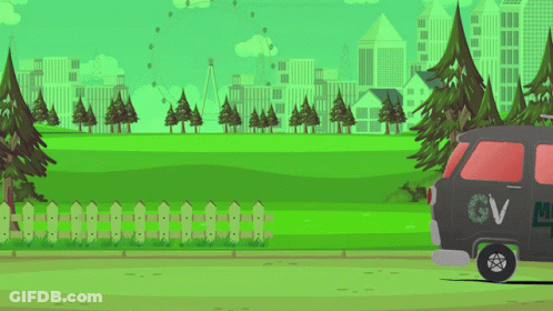 A Black Van With The Letter M On The Back Is Parked In A Park GIF