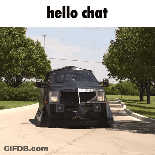 A Black Vehicle Is Driving Down A Road With The Words Hello Chat Above It GIF