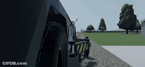 A Black Vehicle With A Yellow And Black Stripe On The Side Is Parked On A Sidewalk GIF