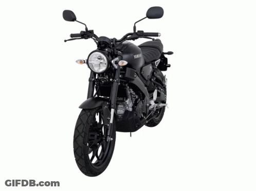 A Black Yamaha Motorcycle Is Sitting On A White Background GIF