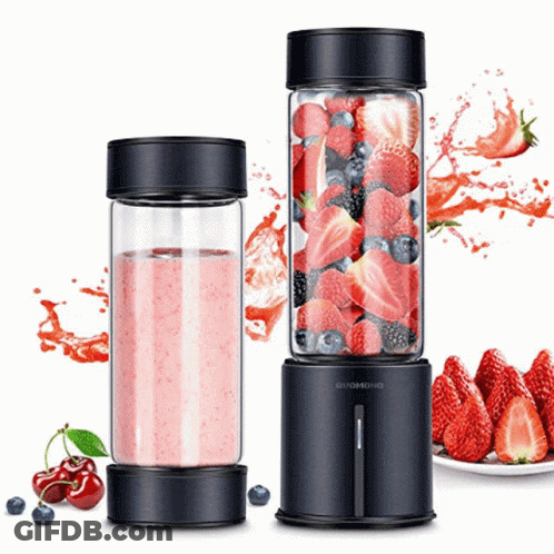 A Blender Filled With Strawberries And Blueberries Is Next To A Plate Of Strawberries GIF