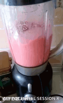 A Blender Is Filled With Pink Liquid And Says My Potential Session X On The Bottom GIF