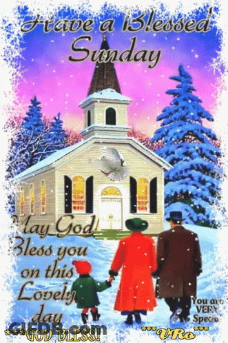 A Blessed Sunday Greeting Card With People Walking In Front Of A Church GIF