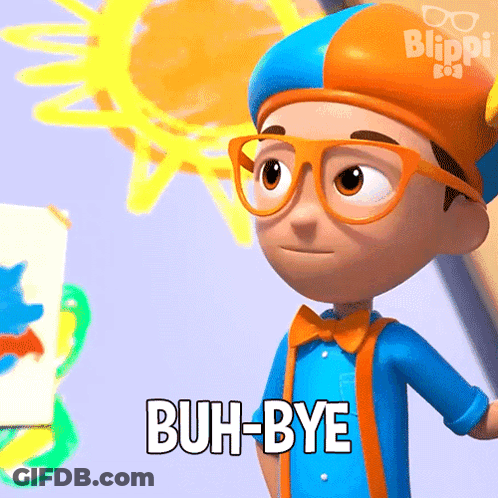 A Blippi Cartoon Character Says " Buh-Bye " In Front Of A Sun GIF