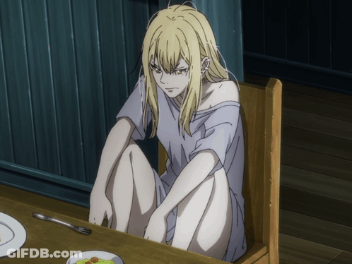A Blonde Anime Character Sits At A Table With A Plate Of Food On It GIF