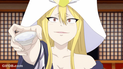 A Blonde Anime Character With A White Hat Holds A White Cup GIF
