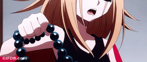 A Blonde Anime Girl Is Crying While Holding A Necklace Of Black Beads . GIF