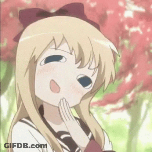 A Blonde Anime Girl Is Making A Funny Face With Her Hands On Her Chin . GIF