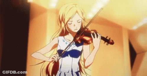 A Blonde Anime Girl Is Playing A Violin In A Room . GIF
