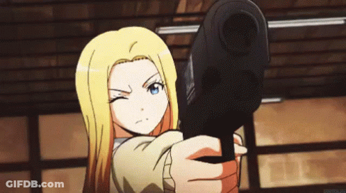 A Blonde Anime Girl Is Pointing A Gun At Something GIF