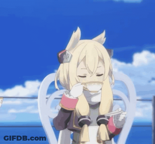 A Blonde Anime Girl Is Sitting In A White Chair Drinking From A Cup GIF