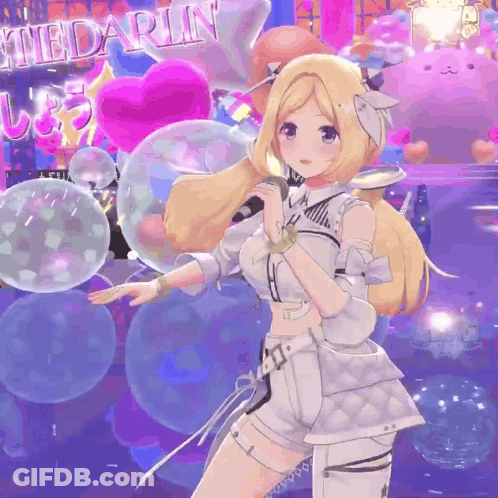 A Blonde Anime Girl Singing Into A Microphone In Front Of Balloons With The Word Medarin In The Background GIF