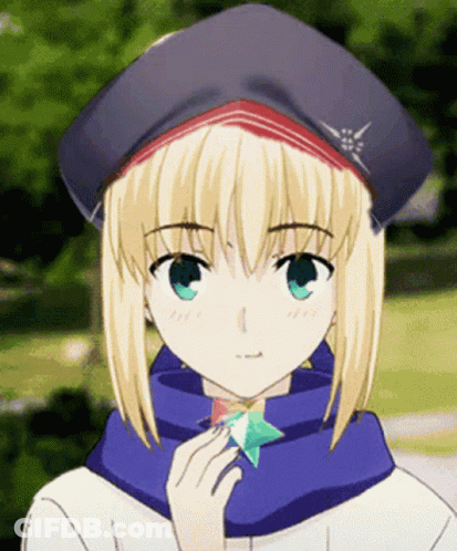 A Blonde Anime Girl Wearing A Beret And Scarf GIF