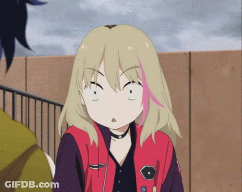 A Blonde Anime Girl With A Choker And A Red Jacket Making A Funny Face GIF