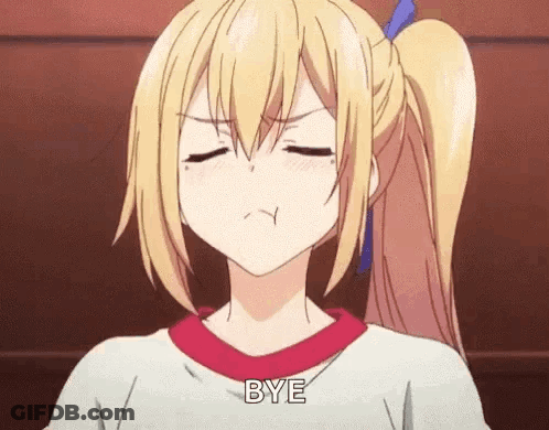 A Blonde Anime Girl With A Ponytail Is Making A Face And Saying `` Bye '' . GIF