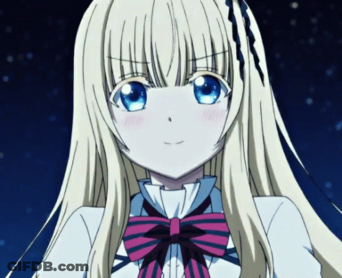 A Blonde Anime Girl With Blue Eyes And A Bow Tie GIF