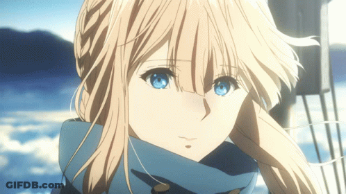 A Blonde Anime Girl With Blue Eyes And A Scarf Around Her Neck GIF