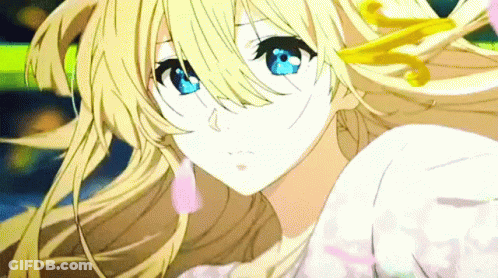 A Blonde Anime Girl With Blue Eyes And Long Hair GIF
