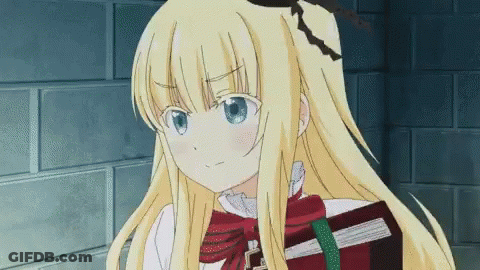 A Blonde Anime Girl With Blue Eyes Is Holding A Book In Her Hand GIF