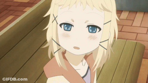 A Blonde Anime Girl With Blue Eyes Is Sitting On A Bench GIF