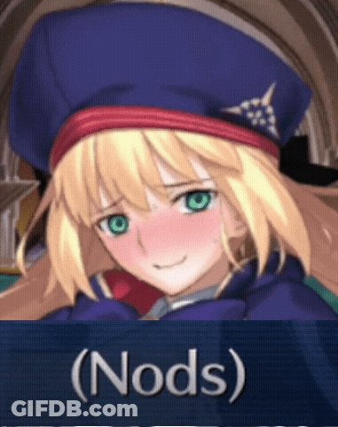 A Blonde Anime Girl With Green Eyes And A Blue Hat With The Word Nods On The Bottom GIF