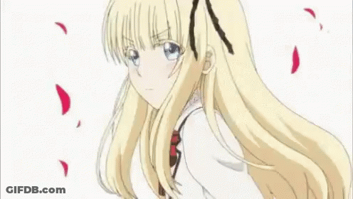 A Blonde Anime Girl With Long Hair And A Red Bow In Her Hair Is Flying In The Air . GIF