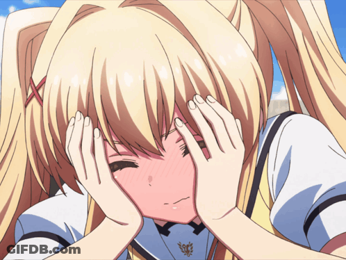 A Blonde Anime Girl With Pigtails Is Covering Her Face With Her Hands GIF