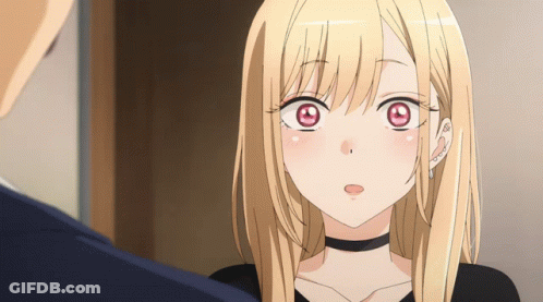 A Blonde Anime Girl With Red Eyes And A Black Choker On Her Neck GIF
