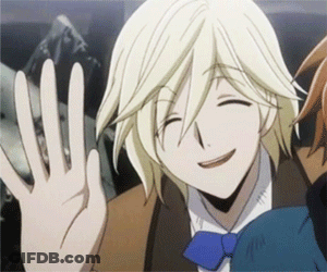 A Blonde Haired Anime Character Is Smiling And Waving GIF