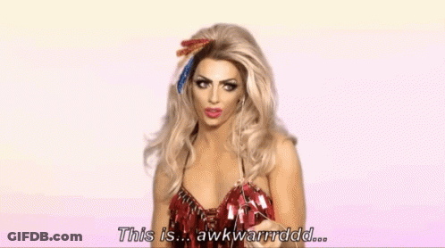 A Blonde Woman In A Red Dress Says This Is Awkwardddd GIF