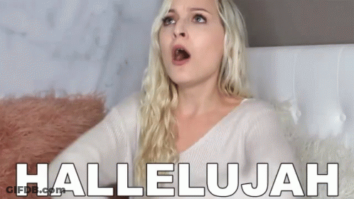 A Blonde Woman Is Sitting On A Bed With The Words Hallelujah Above Her GIF