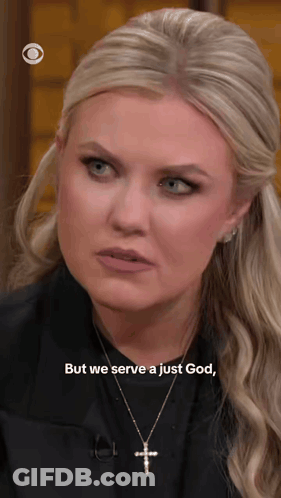 A Blonde Woman Wearing A Cross Necklace Says But We Serve A Just God GIF