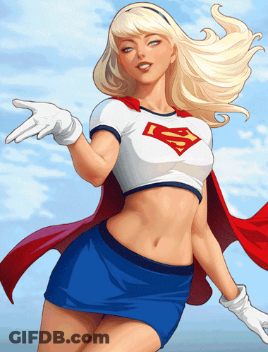 A Blonde Woman Wearing A Superman T-Shirt And Cape GIF