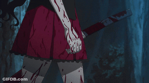 A Bloody Woman Holding A Bloody Sword In Her Hand GIF