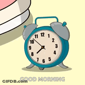 A Blue Alarm Clock With The Words " Good Morning " On The Bottom GIF