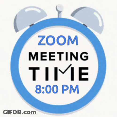 A Blue Alarm Clock With The Words Zoom Meeting Time 8:00 Pm GIF